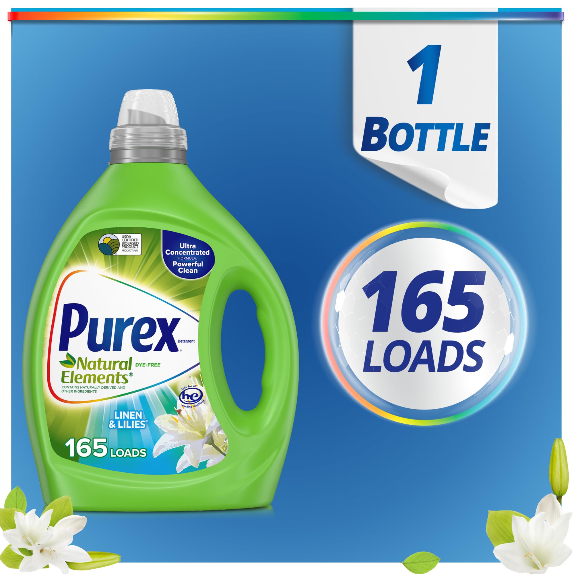 Purex Natural Elements Fresh Lilies & Linen Liquid Detergent, 82.5 oz, 165 Loads, Ultra-Concentrated, Dye-Free, USDA Certified Biobased Product