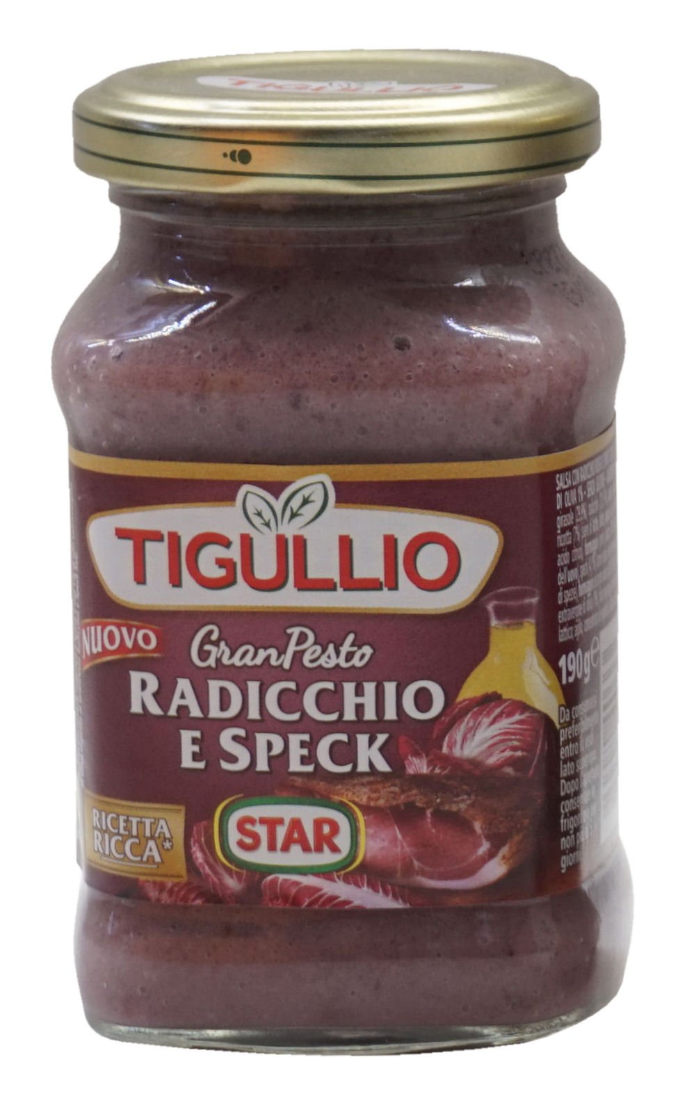 Tigullio:"Gran Pesto Radicchio e Speck" Pesto with Red Italian Chicory and Speck - 6.7 Fluid Ounce (190ml) Packages (Pack of 4) [ Italian Import ]