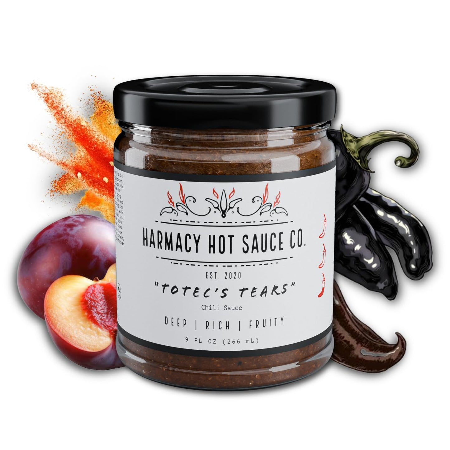 Totec's Tears - Gourmet Chili & Grilled Plum Pepper Sauce by Harmacy Hot Sauce Co, 9oz, with Sweet Heat and Smoky Depth, Small-Batch Artisan Spicy