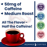Mommee Coffee Half Caf Ground Low Acid Coffee - 100% Arabica Organic Coffee Beans with Smooth Caramel Flavor - Medium Grind for Drip, Reusable One Cup