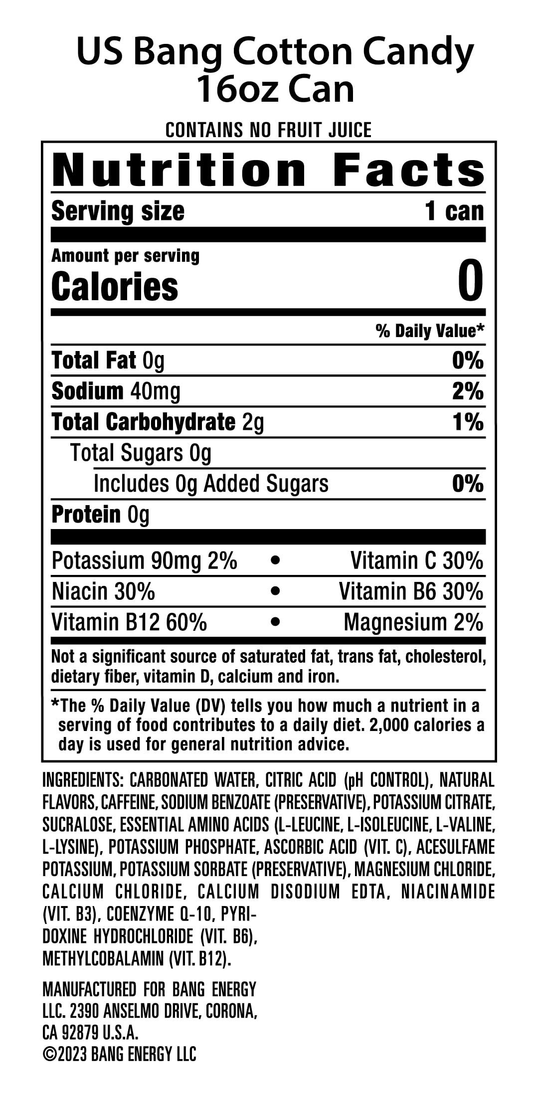 Bang Energy Cotton Candy, Sugar-Free Energy Drink, 16-Ounce