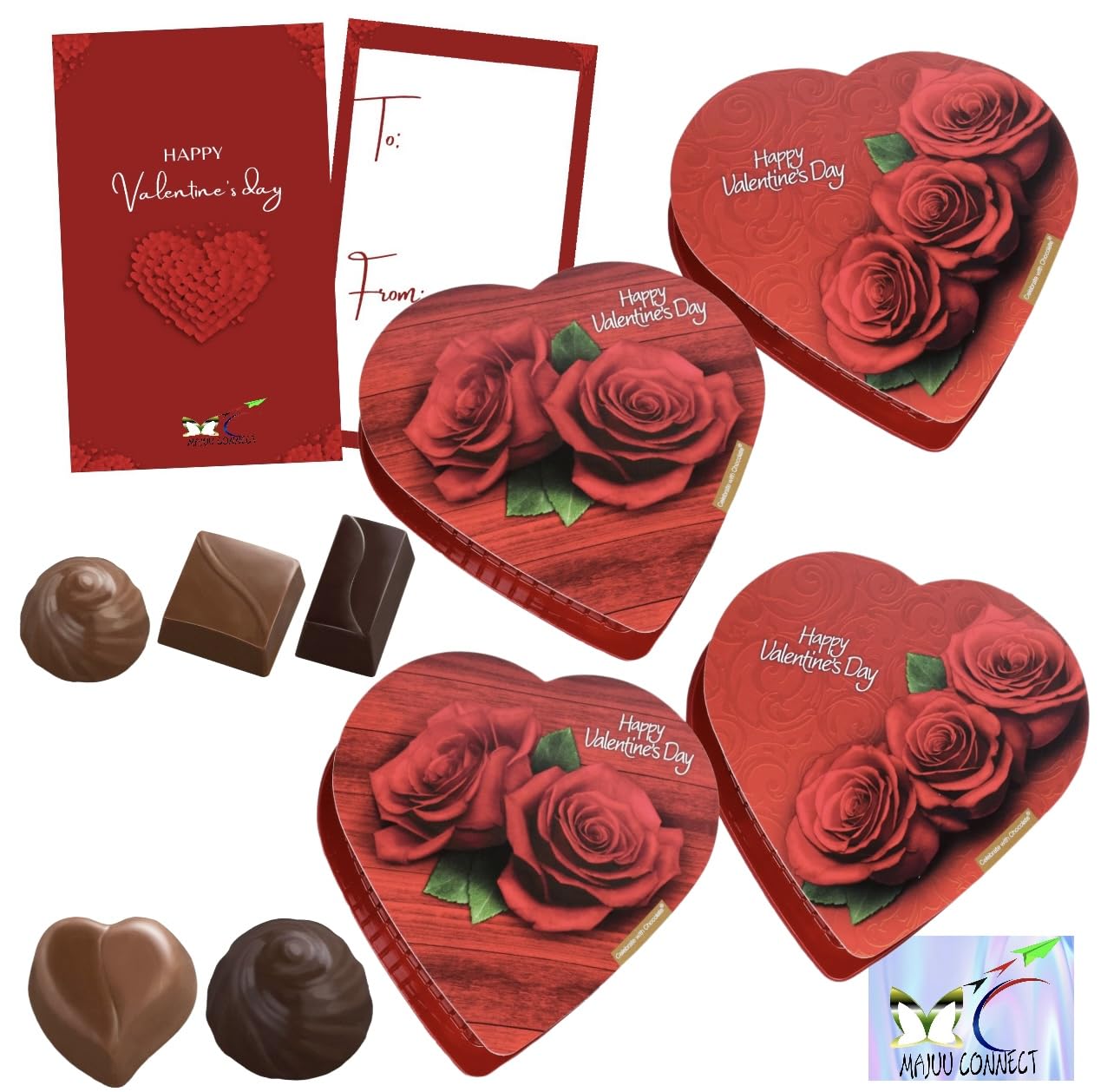 Elmer Chocolates Assorted Heart-Shaped Valentine Gift Boxes, 4 Pack - Milk Chocolate Candy Assortment Made in USA | Includes MAJUU CONNECT Happy