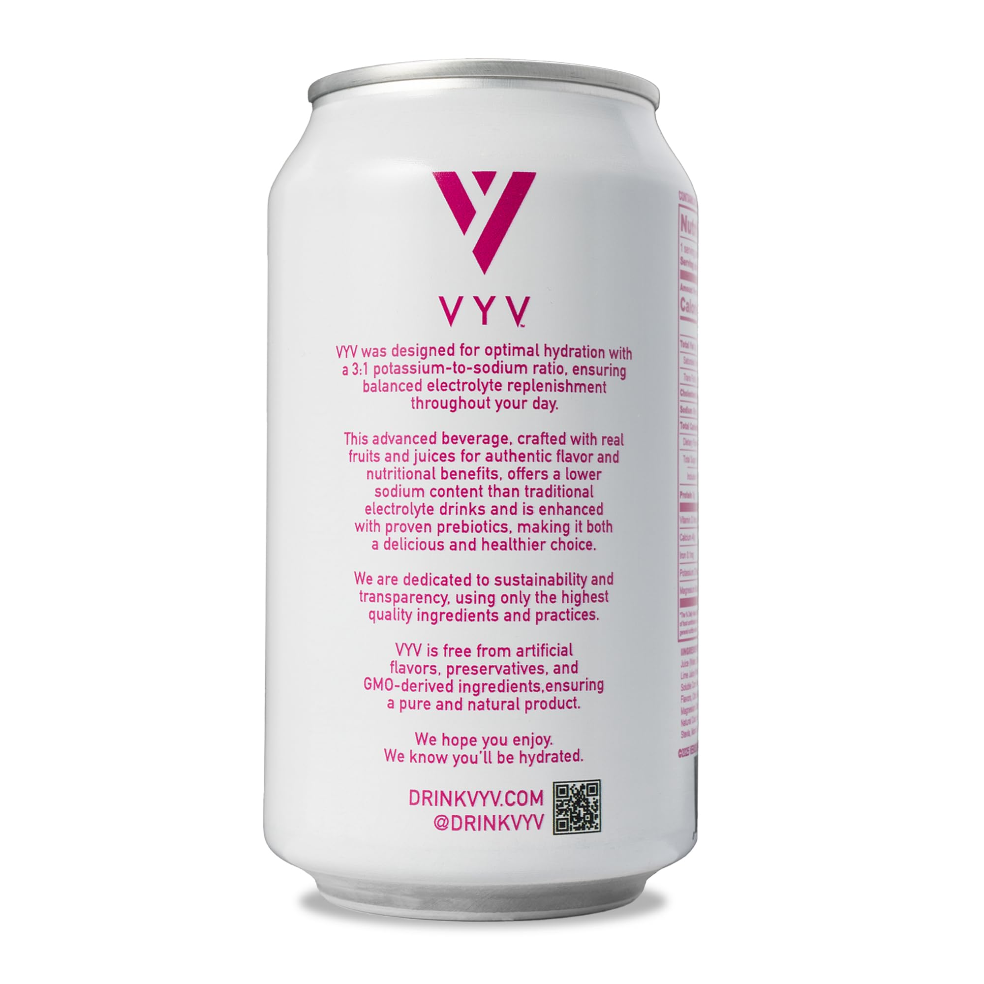 VYV Sparkling Strawberry Lime Hydration - Electrolytes + 5g Prebiotic Fiber, 1g Sugar, Real Juice, Non-GMO, Gluten Free, Plant-Based - 12 fl oz Cans