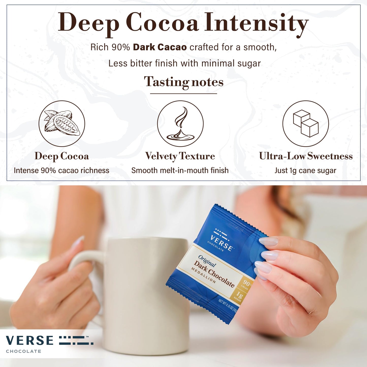 Verse 90% Dark Chocolate Squares - Gluten Free, Keto, Low Sugar Snack - Creamy Dark Cocoa - Only 1g Cane Sugar - Individually Wrapped, Vegan Cacao