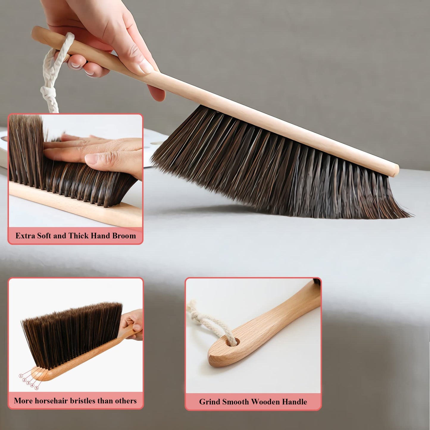 Counter Duster with Wood Handle, Hand Broom,Horse Hair Brush,Dust Brush,Used for Counter, Furniture, Drafting, Patio, Fireplace Cleaning