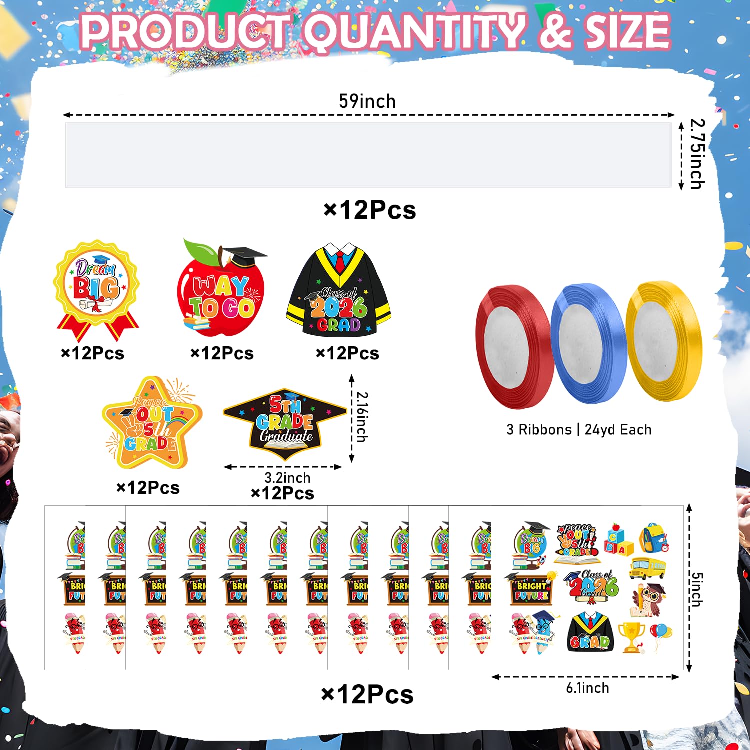 Silkovahamd 5th Grade Graduation Leis 2026 - Graduation Candy Lei Making Kit Class of 2026, 12 Candy Poly Tubing Clear 60 Paper Cards 12 Sheets