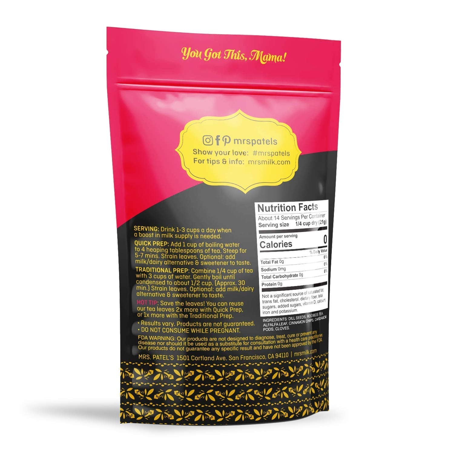Mrs.Patel's Lactation Tea, Chai Spice Blend, Rich and Sweet, For Breastfeeding and Pumping Moms, Drink Iced or Hot, Loose Leaf, Caffeine-Free