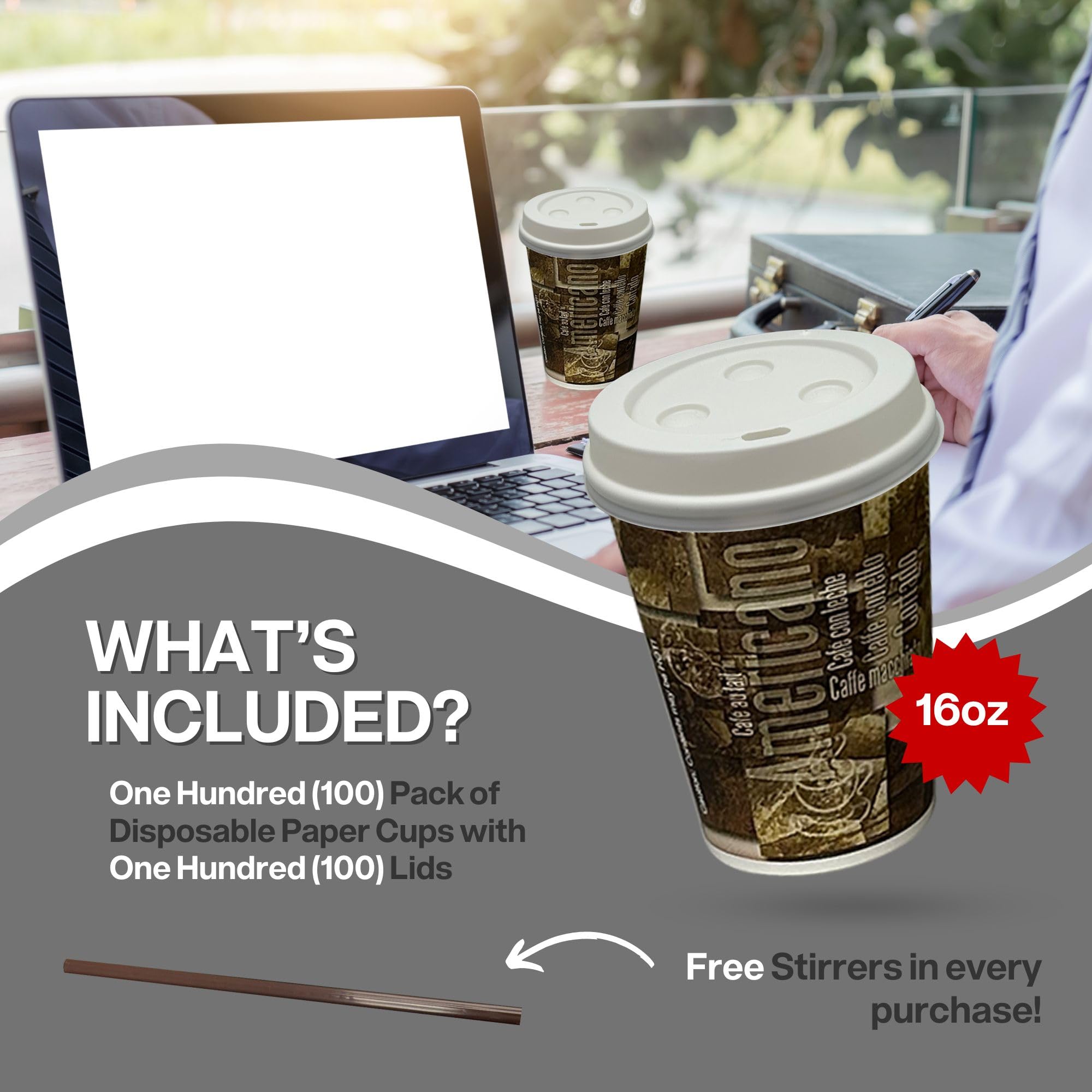 Disposable Cups Bundle by Rsr To-Go. 16 Oz-100ct Paper Coffee Cups with Lids PLUS Stirrers - Eco-Friendly Disposable Cups, Leak-Proof Design for Hot