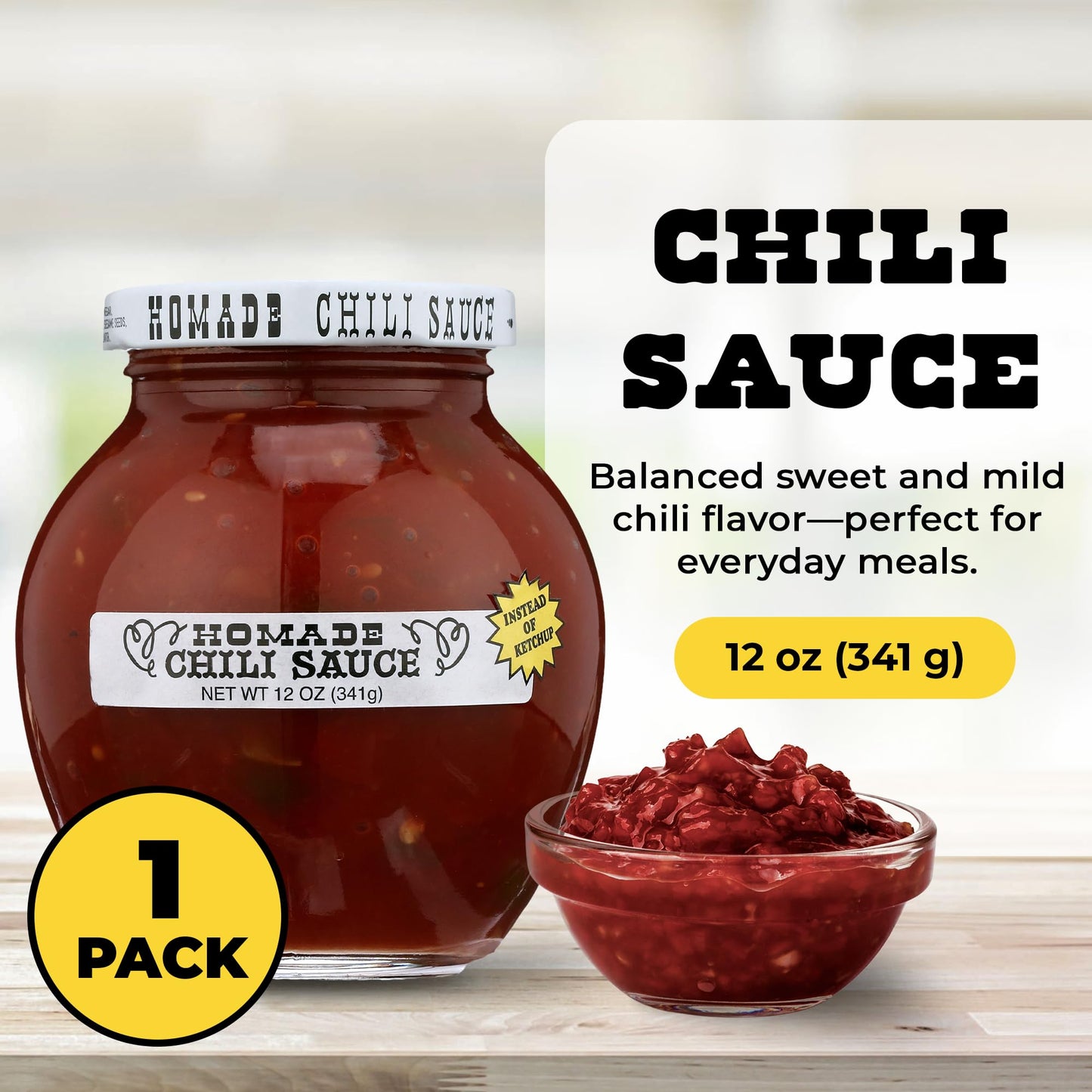 Homade Chili Sauce 12 oz Bottle - Sweet & Tangy Tomato-Based Condiment for Meatballs, Meatloaf Glaze, Cocktail Sauce, Burgers & Dipping; Classic