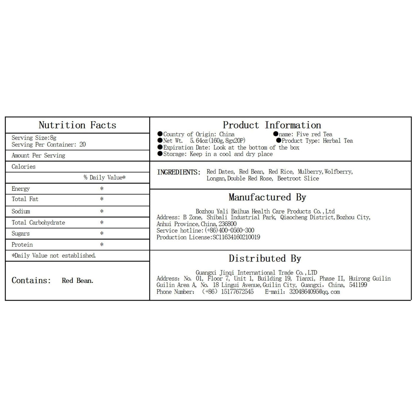 Chinese herbs Tea Tea Bags Combination of Herbal Tea ??? Five red Tea 5.64oz?160g,8gx20p?