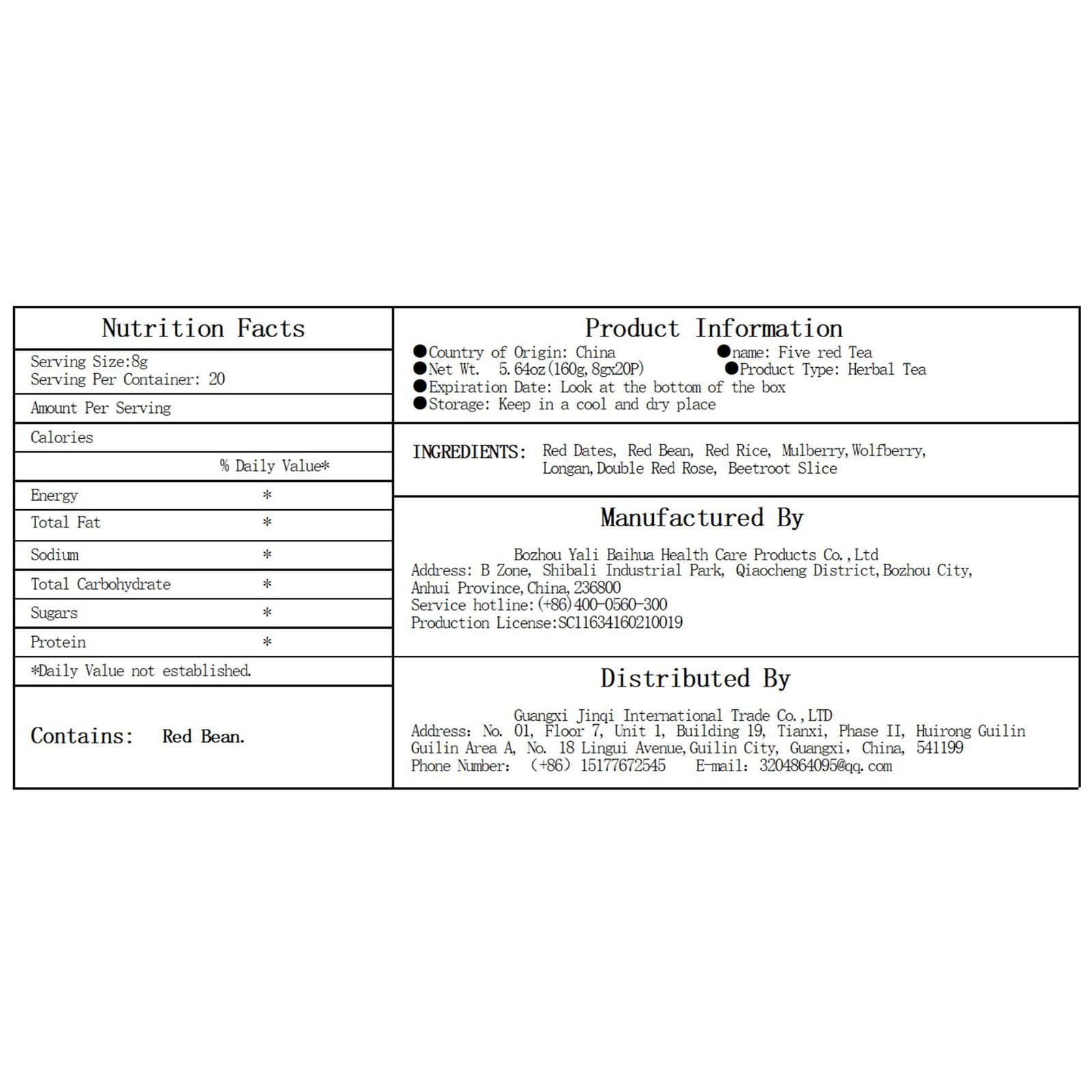 Chinese herbs Tea Tea Bags Combination of Herbal Tea ??? Five red Tea 5.64oz?160g,8gx20p?