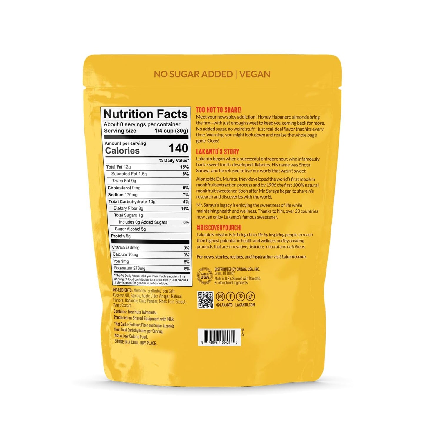 Lakanto Sweet and Savory Honey Habanero Almonds - On the Go Snack, Chile Powder Seasoning, Bold & Spicy, Gluten Free, Protein, Crunchy Roasted, Monk