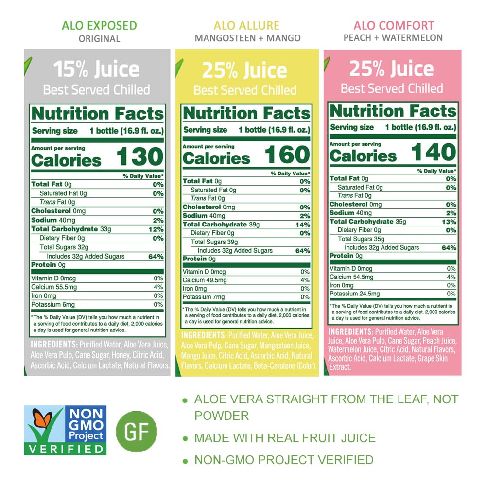 ALO Aloe Vera Juice | 16.9 fl oz, Pack of 12 | 3-Flavor Variety Pack | ALLURE, COMFORT, EXPOSED Plant-Based Drink