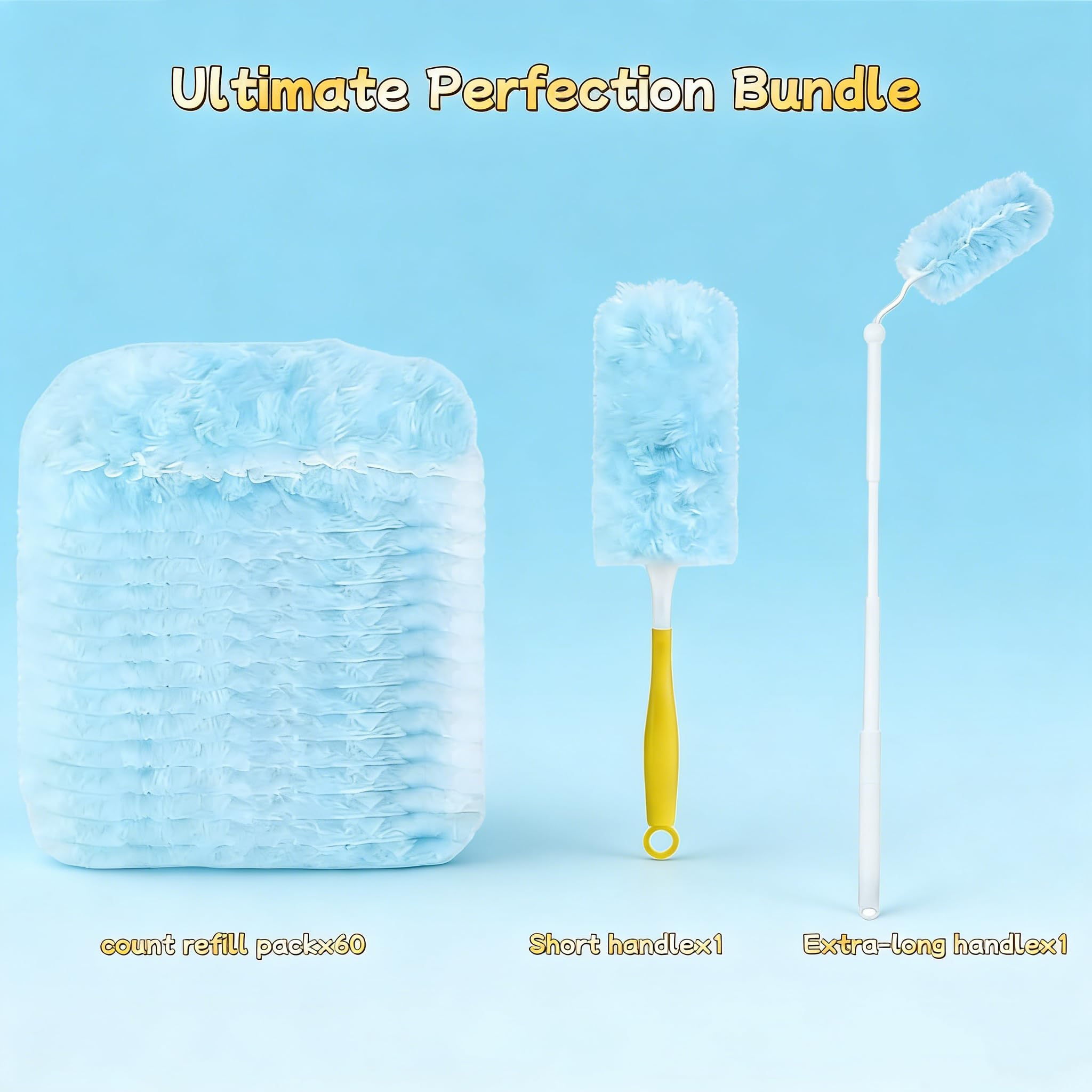 60-Pack Dust Mop Refill Pack, Disposable Power Dusting Duster Compatible with Swiffer. Includes 1 Handle and 3-Foot Extension Pole, Ideal for Cleaning