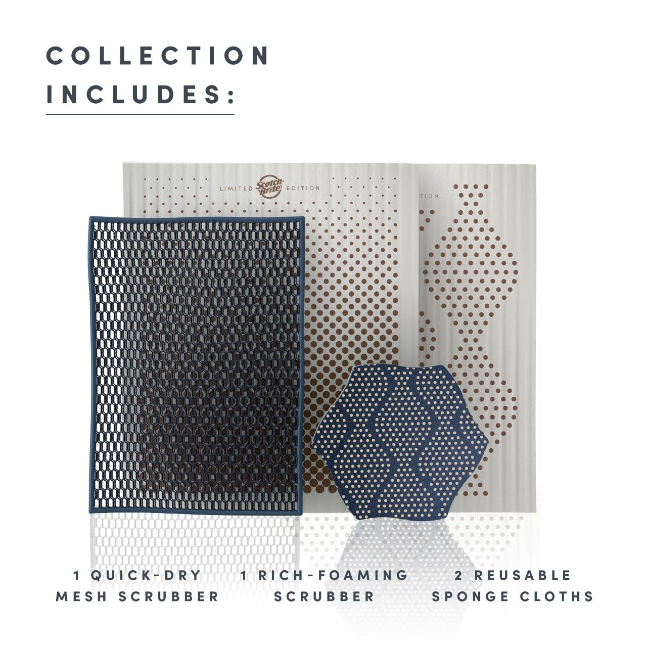 Brite by Scotch-Brite Limited Edition 4-Piece Scrub and Wipe Collection with 1 Rich-Foaming Dish Scrubber, 1 Quick-Dry Mesh Scrubber, and 2 Reusable