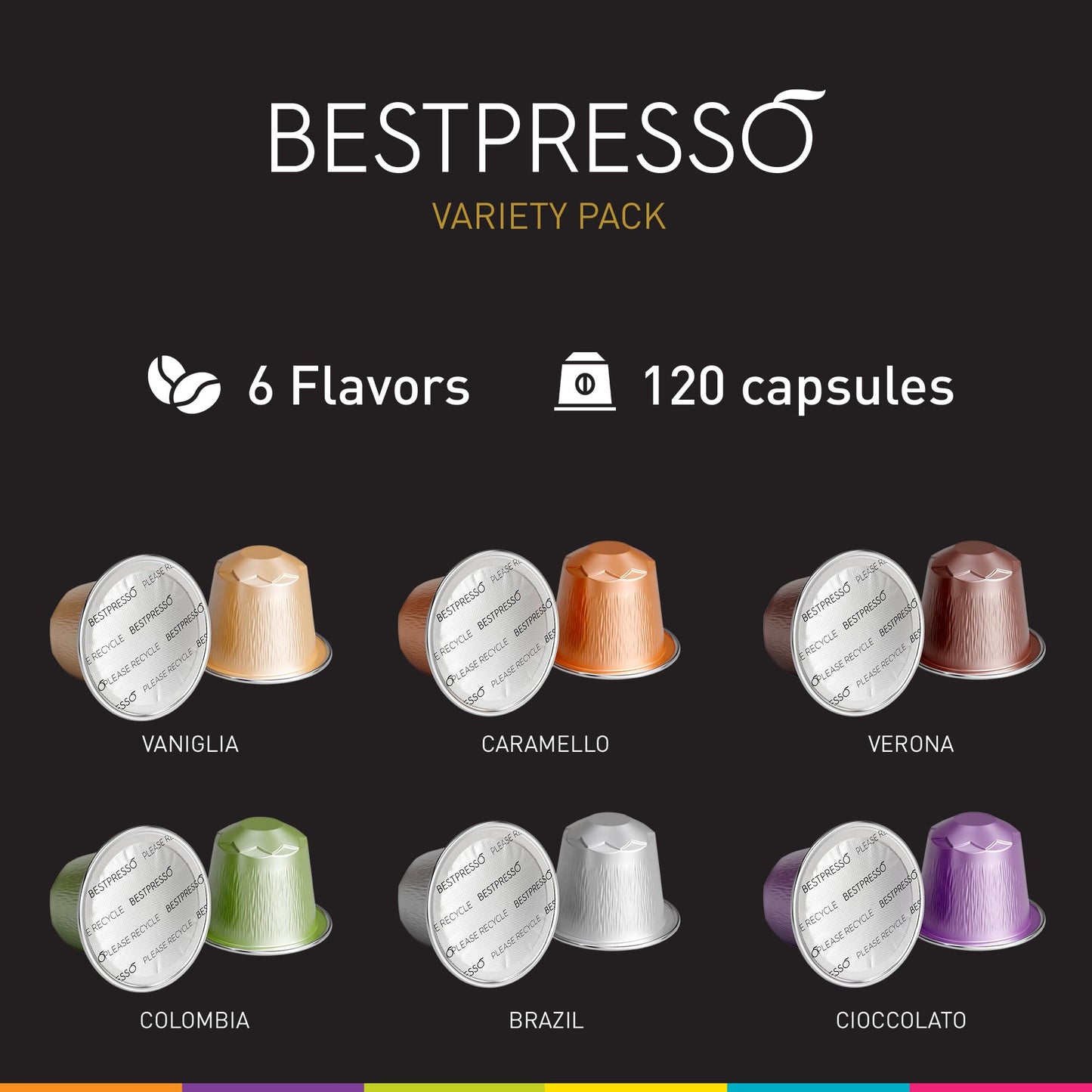 Bestpresso Coffee for Nespresso Original Machine 120 pods Certified Genuine Espresso Variety Pack includes one pack of decaf coffee, Pods Compatible
