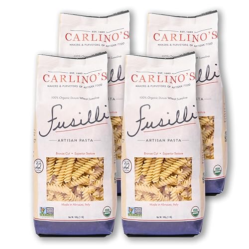 Carlino's Dried Fusilli| Organic Durum Wheat Semolina | Bronze Die Cut | Air Dried | Non-GMO, USDA Organic, Made in Italy, 17.6 Oz (Pack of 4)