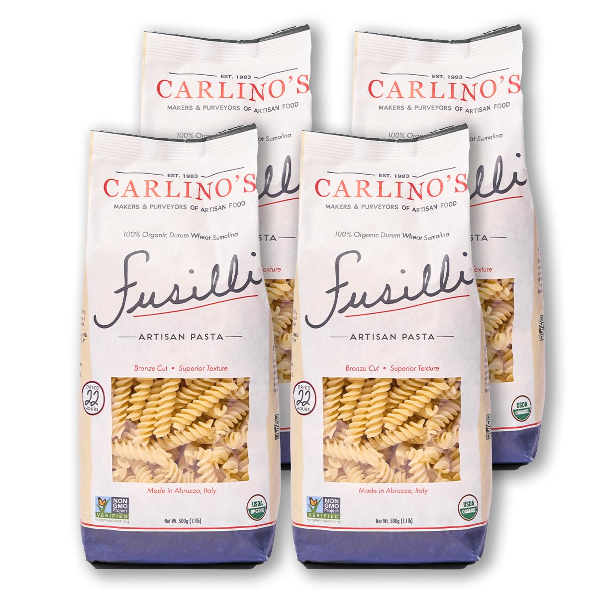 Carlino's Dried Fusilli| Organic Durum Wheat Semolina | Bronze Die Cut | Air Dried | Non-GMO, USDA Organic, Made in Italy, 17.6 Oz (Pack of 4)