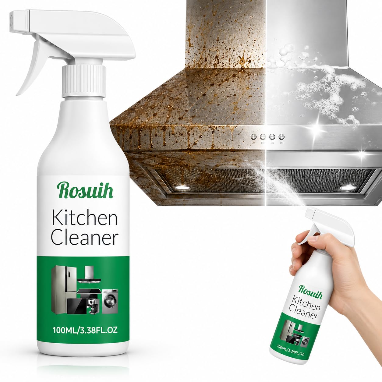 ROSUIH Kitchen Enzyme Cleaner Spray, Multifunctional Kitchen Appliance Cleaner, Heavy Duty Grease Remover for Cooktop, Stove, Oven, Range Hood