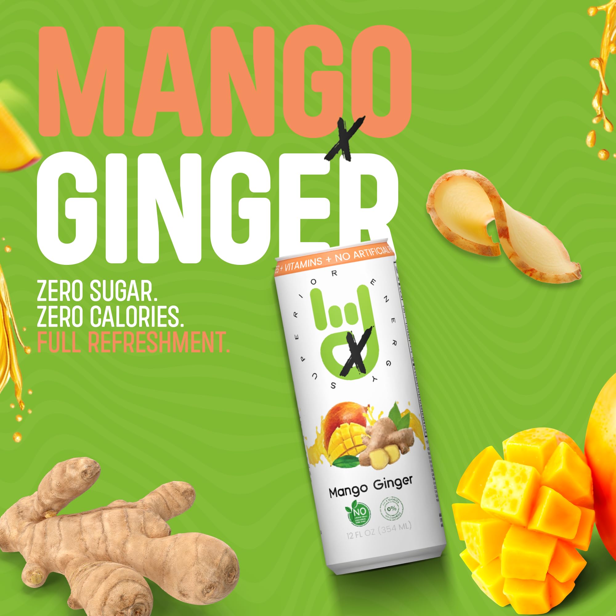Superior Energy Electrolytes Drink Zero Calories - Energy Drink Zero Sugar - Mango Ginger Flavor, 90mg Natural Caffeine - Pack of 12 (12 fl oz each)
