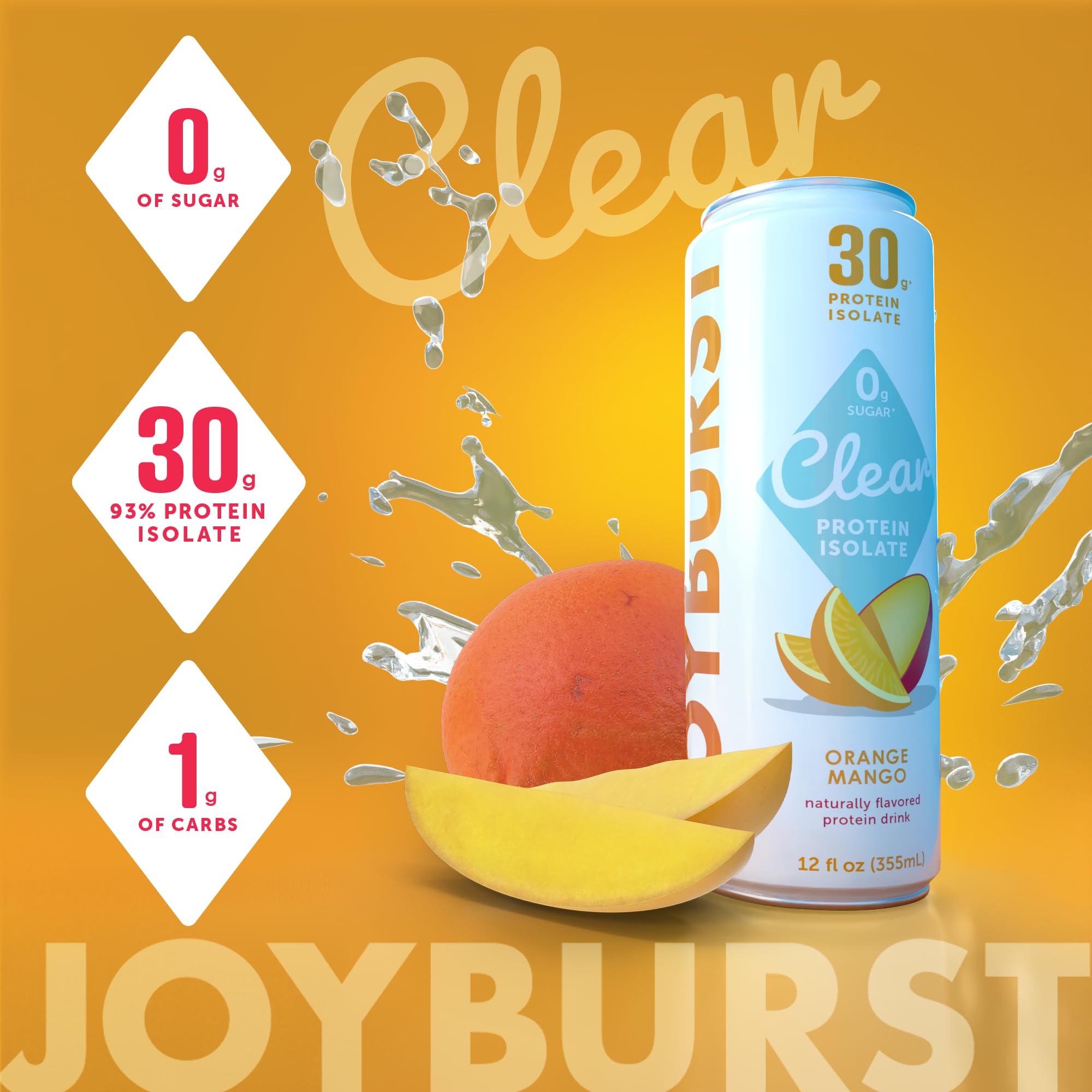 *NEW* Joyburst Clear Protein Isolate Beverage - Orange Mango Flavour, 30g of Protein, 0g of Sugar (4 count)