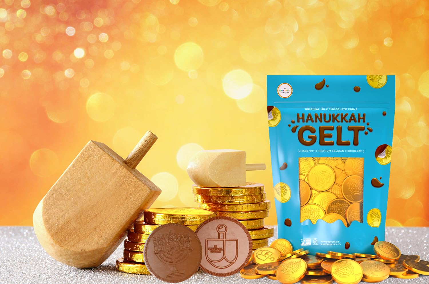The Dreidel Company 25-Count Hannukah Premium Belgian Milk Chocolate Candy Coins, Gold with Hanukkah Menorah and Dreidel Design Gelt, (25 Coins)