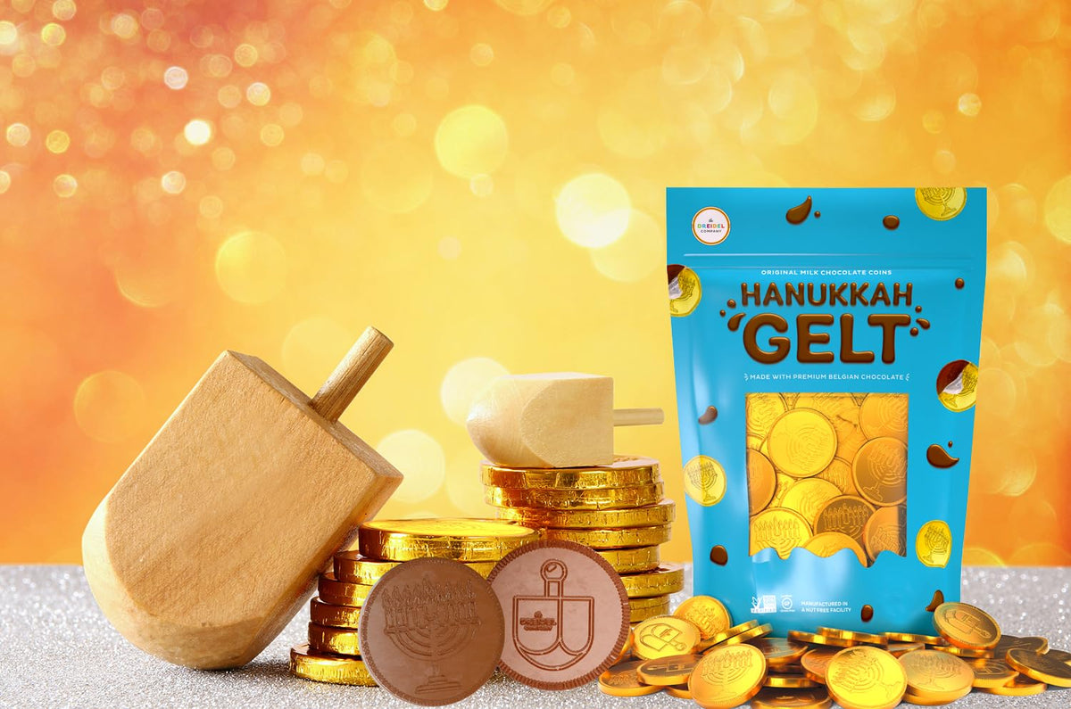 The Dreidel Company Chocolate Gelt 50-Pack Milk Chocolate Coins, Hanukkah Gelt, With Menorah and Dreidel Designs, Made with Premium Belgian
