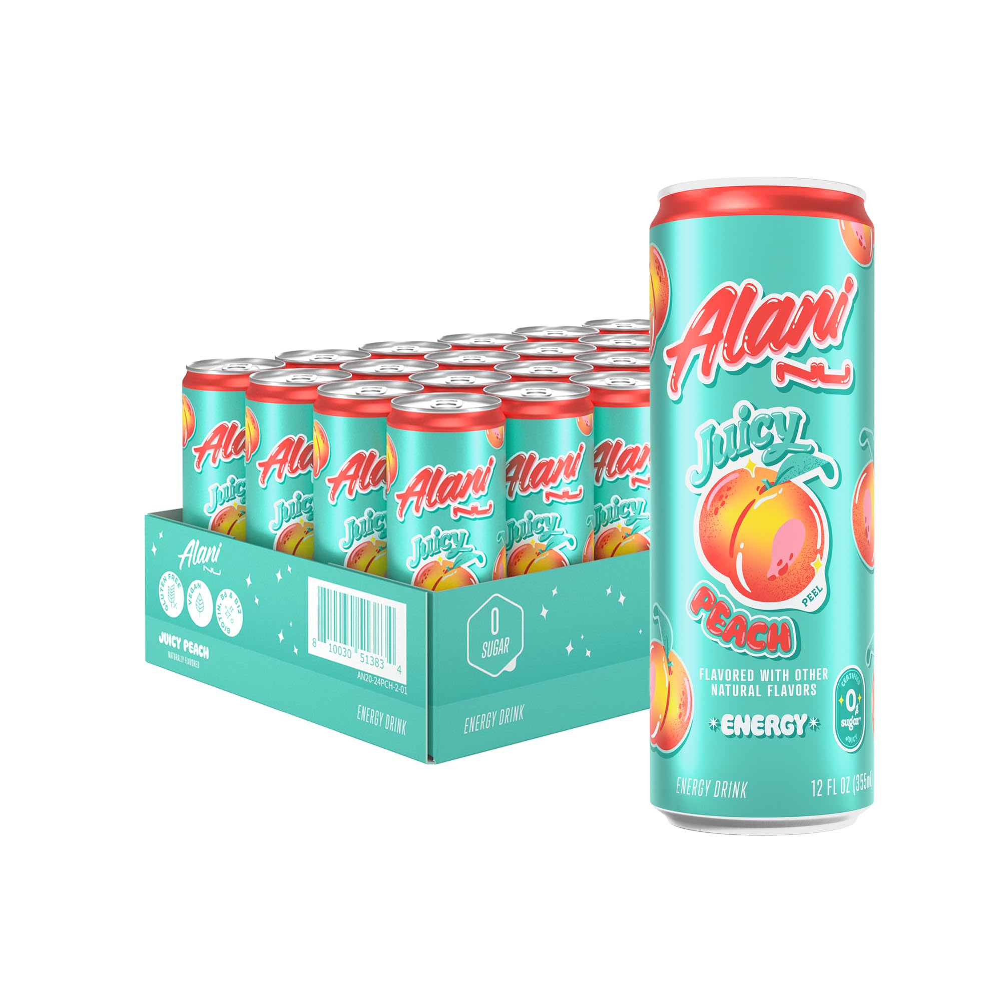 Alani Nu JUICY PEACH, Sugar Free, Low Calorie Energy Drinks, 200mg Caffeine, Biotin, B Vitamins, Zero Sugar, 10 Calories, 12 Fl Oz Cans, 24 Pack