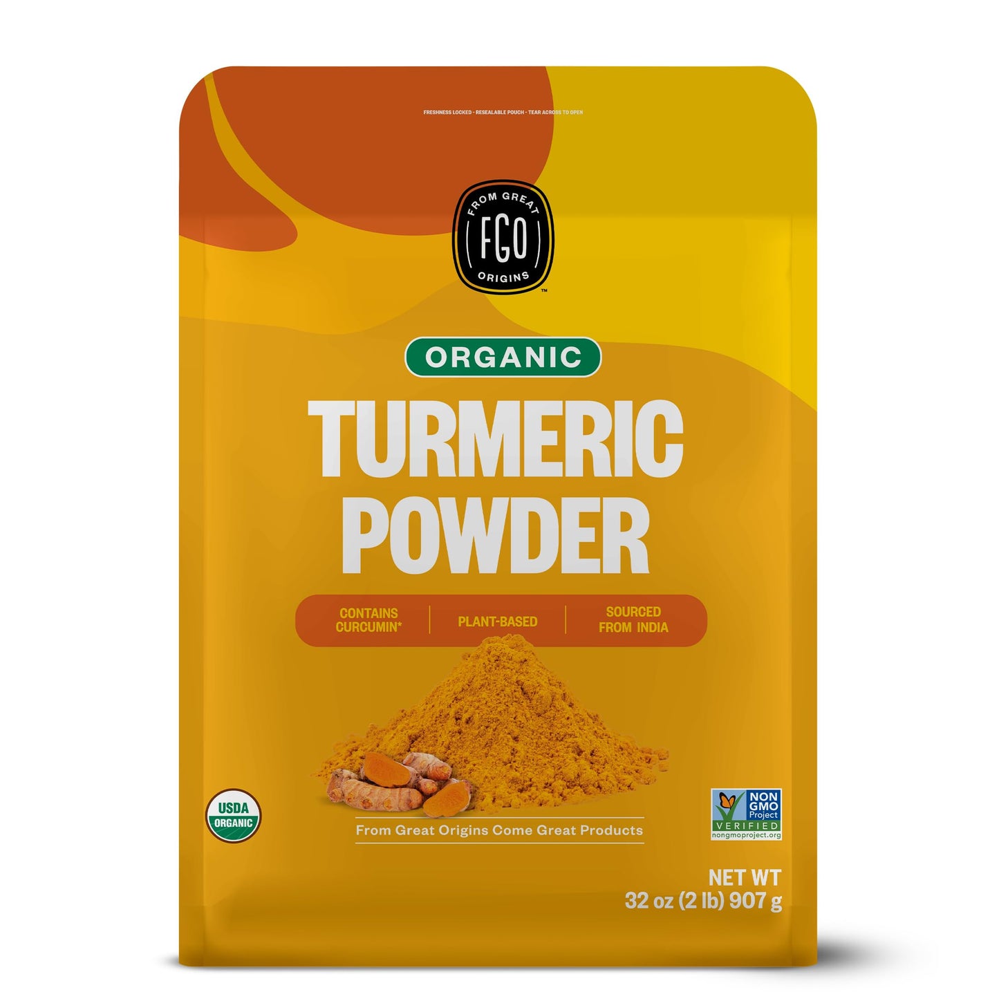 FGO Organic Turmeric Powder w/Curcumin, 2 Pound / 32oz Bulk Resealable Pouch, USDA Organic and Non-GMO, Sourced from India, Packaging May Vary (Pack