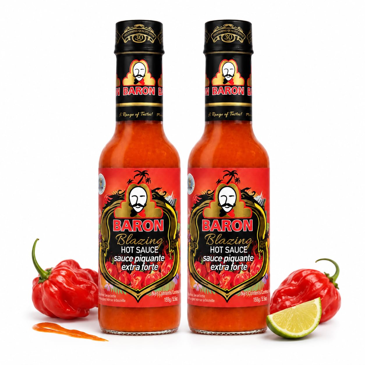 Baron Blazing Hot Sauce, Caribbean Pepper Sauce, 5 oz Bottles, Pack of 2