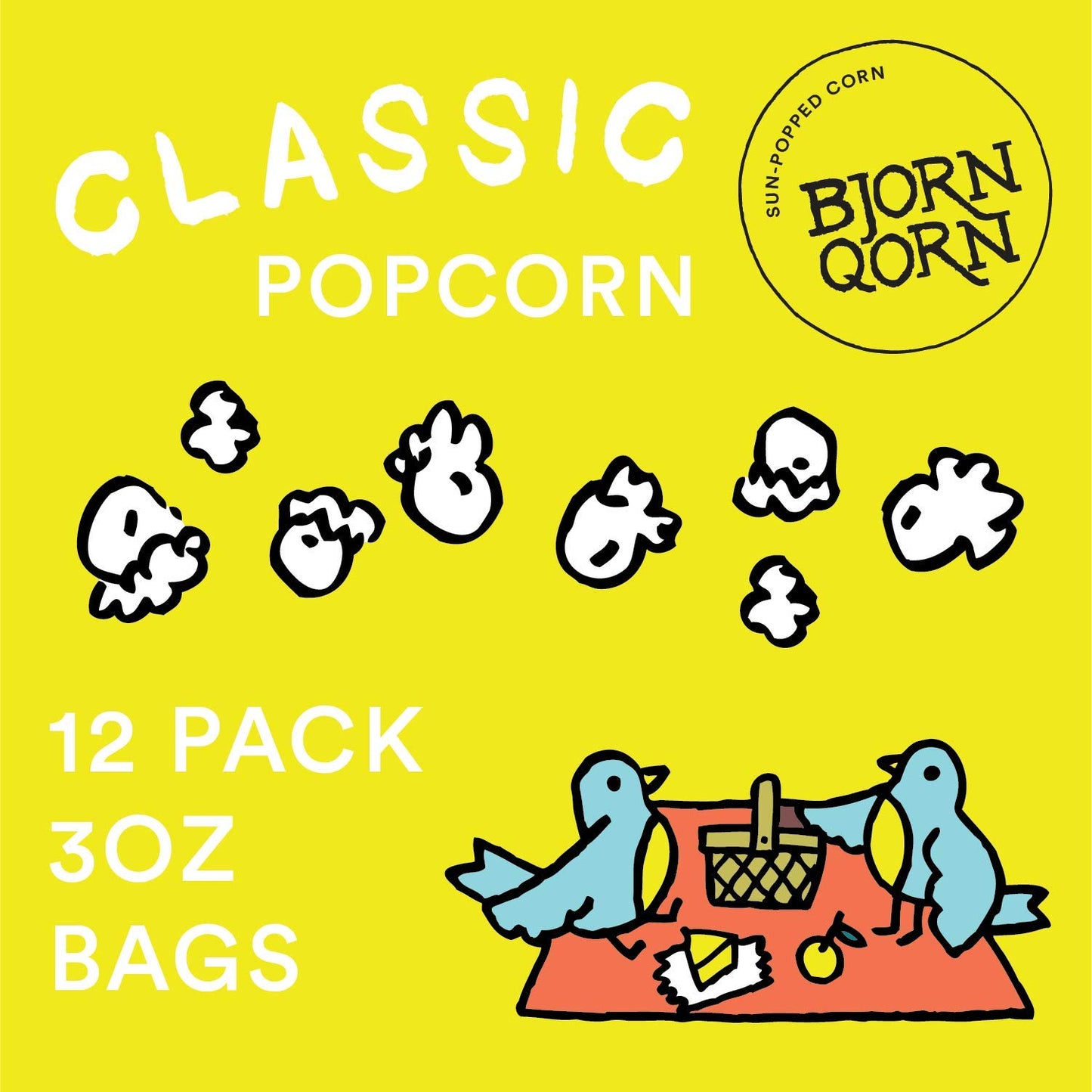 BjornQorn 12-Pack (Classic) Popcorn - Vegan & Gluten Free-Savory, Cheesy, Umami - (12 3oz bags)