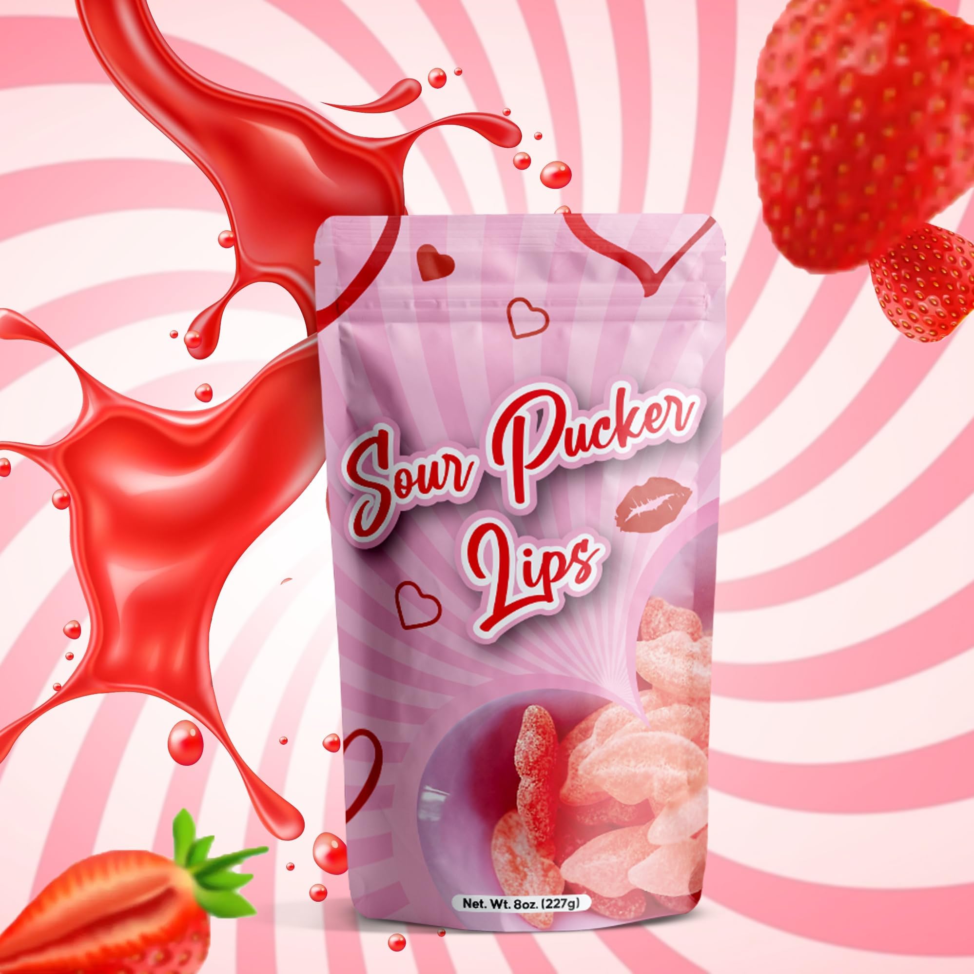 NY Spice Shop Sour Pucker Gummies - 8 Ounce Lip Shaped Gummies - Fruit Flavor Gummy For Office Candy Bowl Fillers And Movie Night - Pink And Red Chewy