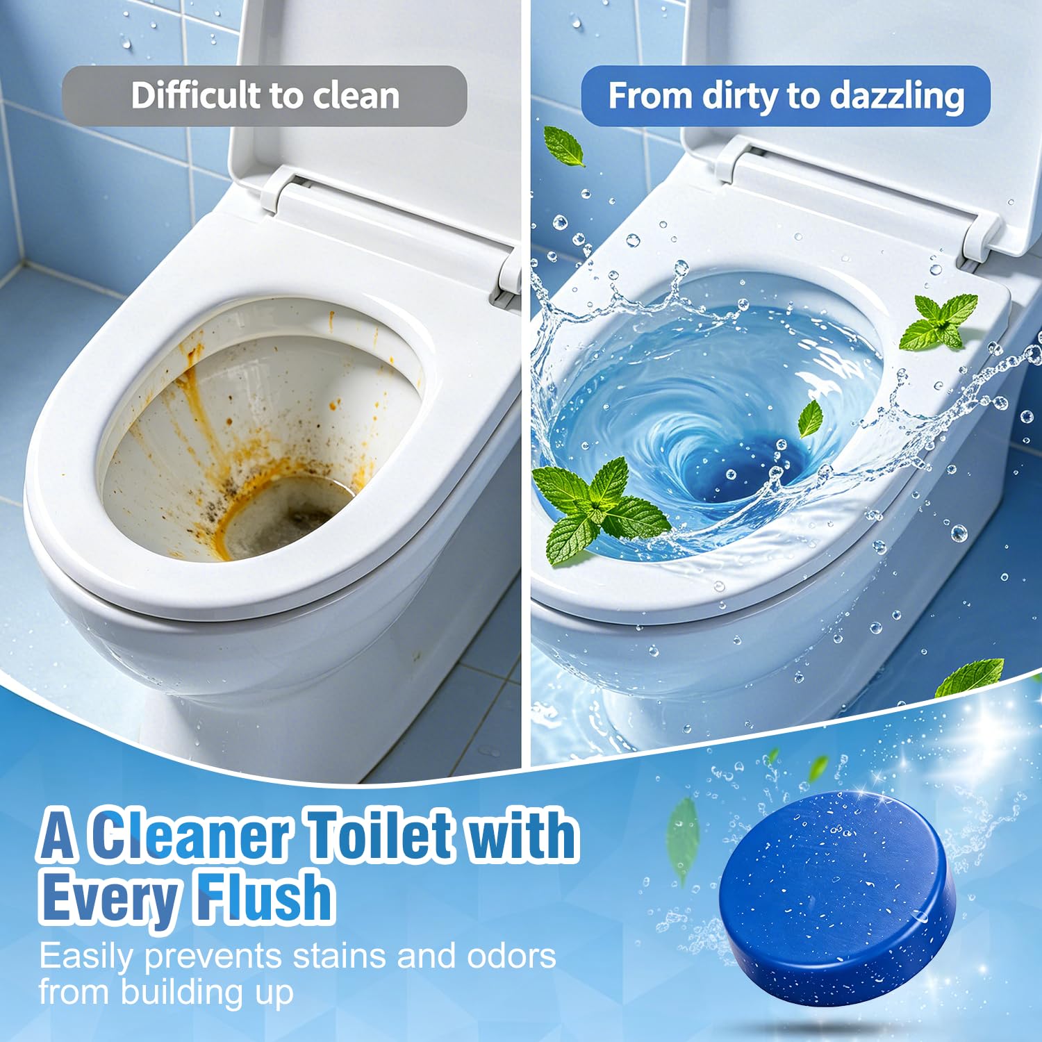 12 Tablets Toilet Bowl Cleaner Tablets for Tank - Automatic Toilet Tank Cleaner Tablets, Blue Toilet Tablets for Hard Water & Toilet Ring Removal
