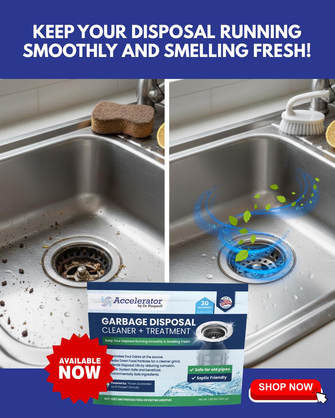 Accelerator by Dr. Pooper Garbage Disposal Cleaner and Treatment Eliminates Odors, Breaks Down Food Particles, Extends Disposal Life Non-Toxic, Septic