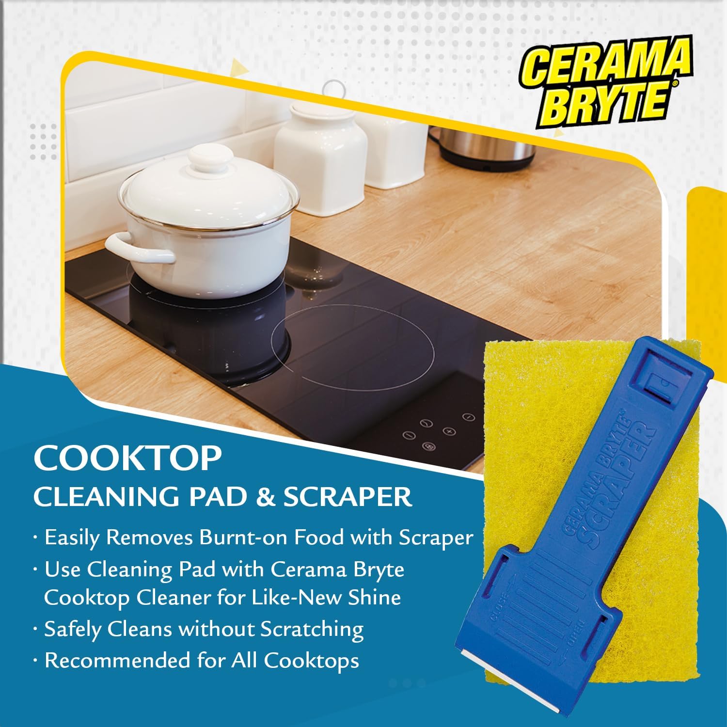 Cerama Bryte Ceramic Cooktop Cleaner (28 oz), Scraper and 5 Cleaning Pads Combo Kit