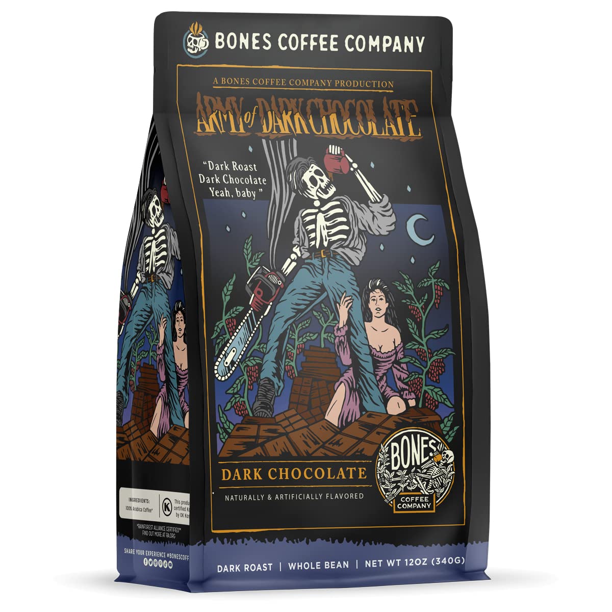 Bones Coffee Company Army of the Dark Chocolate Flavored Coffee, Medium Roast Low Acid Arabica Beans Compatible with Auto drip and French Press Coffee