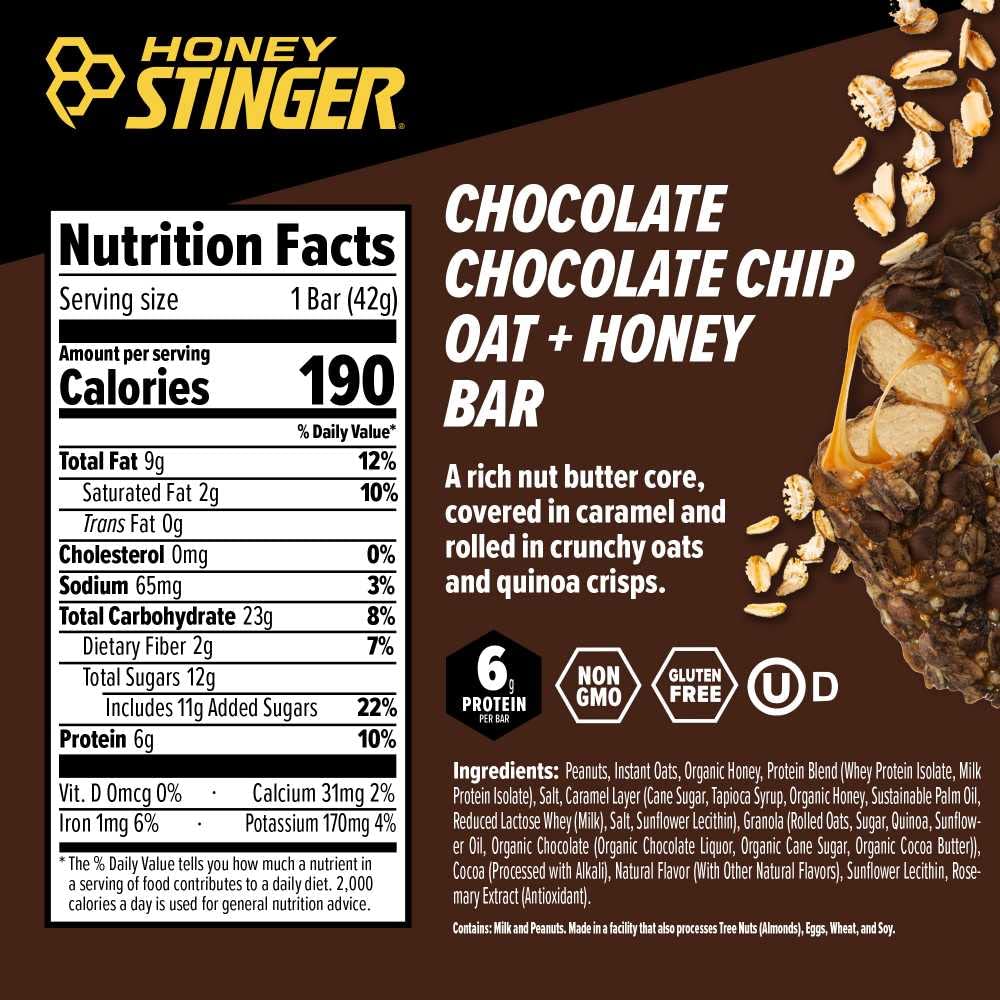 Honey Stinger Oat + Honey Bar, Chocolate Chocolate Chip, Energy Packed Food to Prepare for Exercise, Endurance & Performance, Sports Nutrition Snack