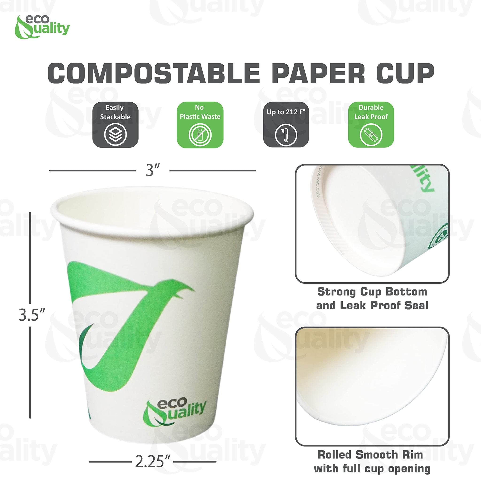 EcoQuality 8 oz Compostable Paper Cups - Biodegradable Disposable White Paper Coffee Cups PLA Lined - Eco-friendly Hot and Cold Drinking Cups