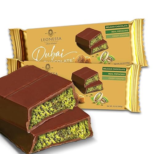 Leonessa Dubai Chocolate Bar Pistachio Kit - Premium Dubai Chocolate Bar with Pistachio - Rich Flavor & Creamy Texture - 3.5 Oz Pack of 2