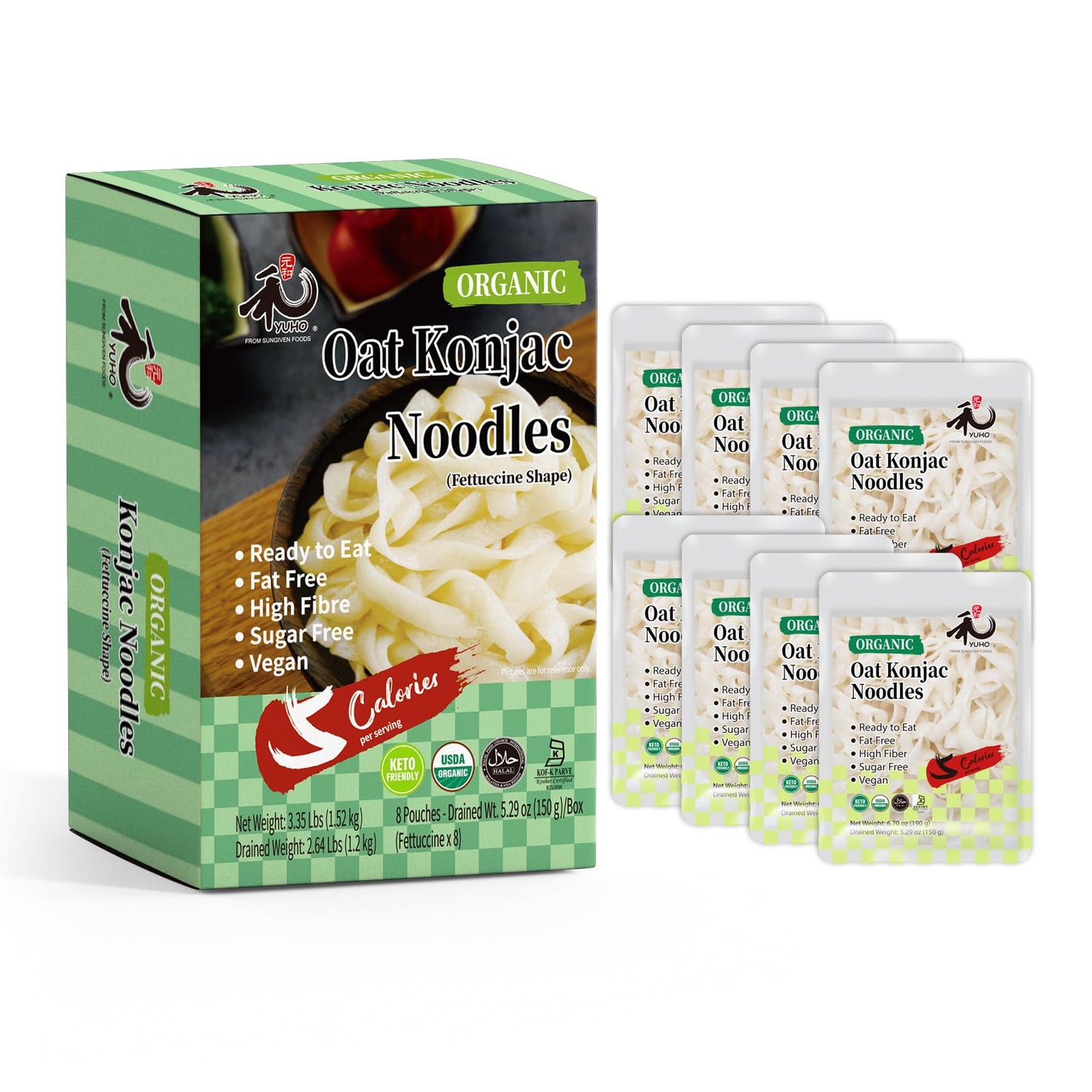 YUHO Organic Konjac Shirataki Noodles Fettuccine 8 Pack Oat Ready to Eat Noodles Vegan Gluten Free Low Carb Calorie Sugar Free Plant-Based Soy Free