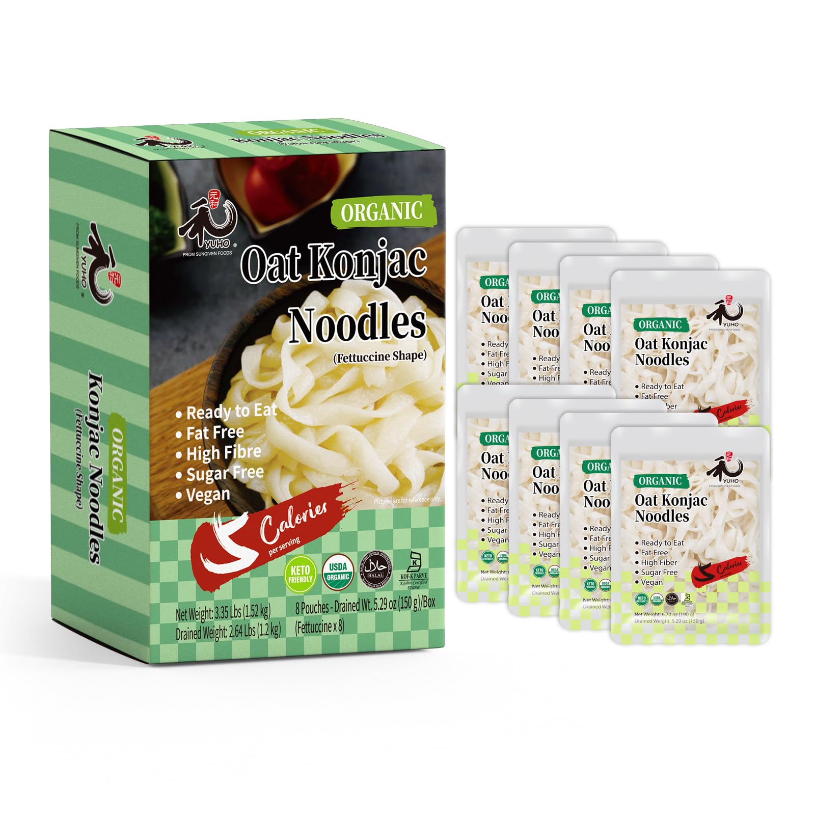 YUHO Organic Konjac Shirataki Noodles Fettuccine 8 Pack Oat Ready to Eat Noodles Vegan Gluten Free Low Carb Calorie Sugar Free Plant-Based Soy Free