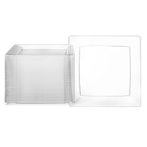 Oasis Creations Clear Square Plates Set 9" - 50 Count - Premium Hard Clear Plastic - Disposable and Reusable - Dinner - Salad - Party Plate Set