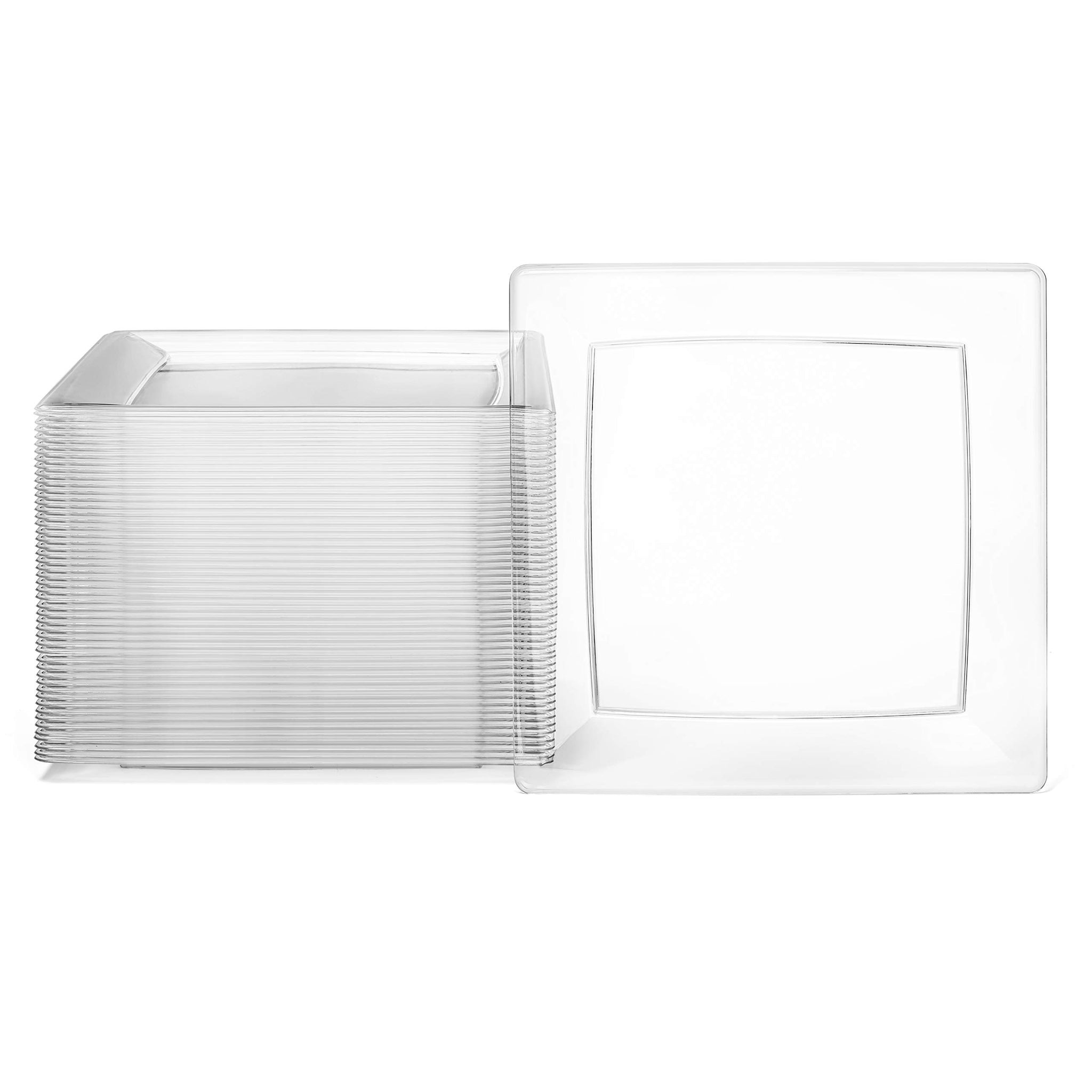Oasis Creations Clear Square Plates Set 9" - 50 Count - Premium Hard Clear Plastic - Disposable and Reusable - Dinner - Salad - Party Plate Set