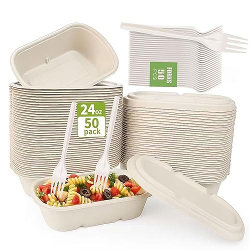 SharpRealm 24oz Disposable Meal Prep Food Containers with Lids, 50 Pack Sugarcane Fiber Pulp Take-Out Boxes, Compostable Biodegradable Lunch
