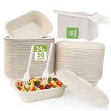 SharpRealm 24oz Disposable Meal Prep Food Containers with Lids, 50 Pack Sugarcane Fiber Pulp Take-Out Boxes, Compostable Biodegradable Lunch