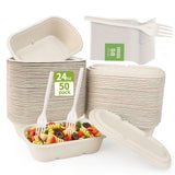 SharpRealm 24oz Disposable Meal Prep Food Containers with Lids, 50 Pack Sugarcane Fiber Pulp Take-Out Boxes, Compostable Biodegradable Lunch
