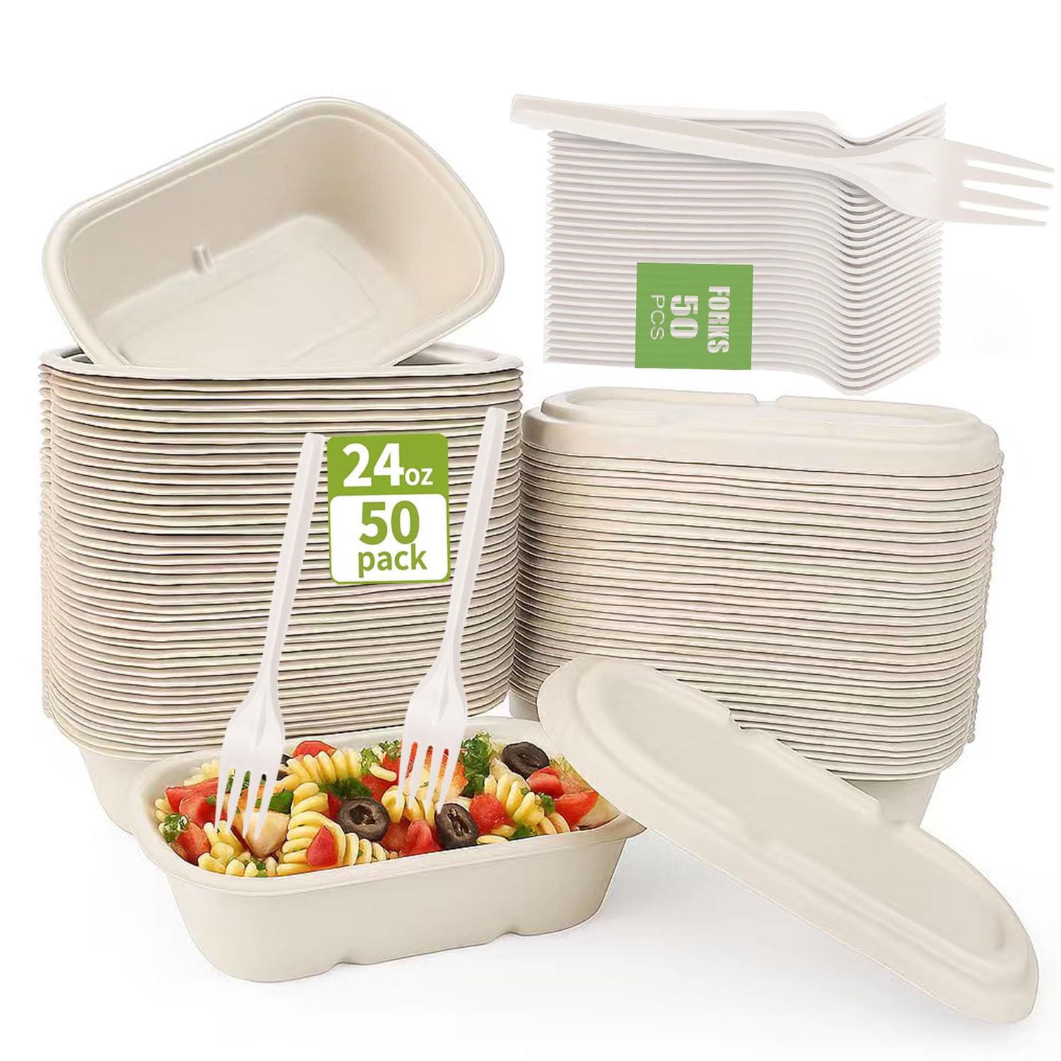 SharpRealm 24oz Disposable Meal Prep Food Containers with Lids, 50 Pack Sugarcane Fiber Pulp Take-Out Boxes, Compostable Biodegradable Lunch