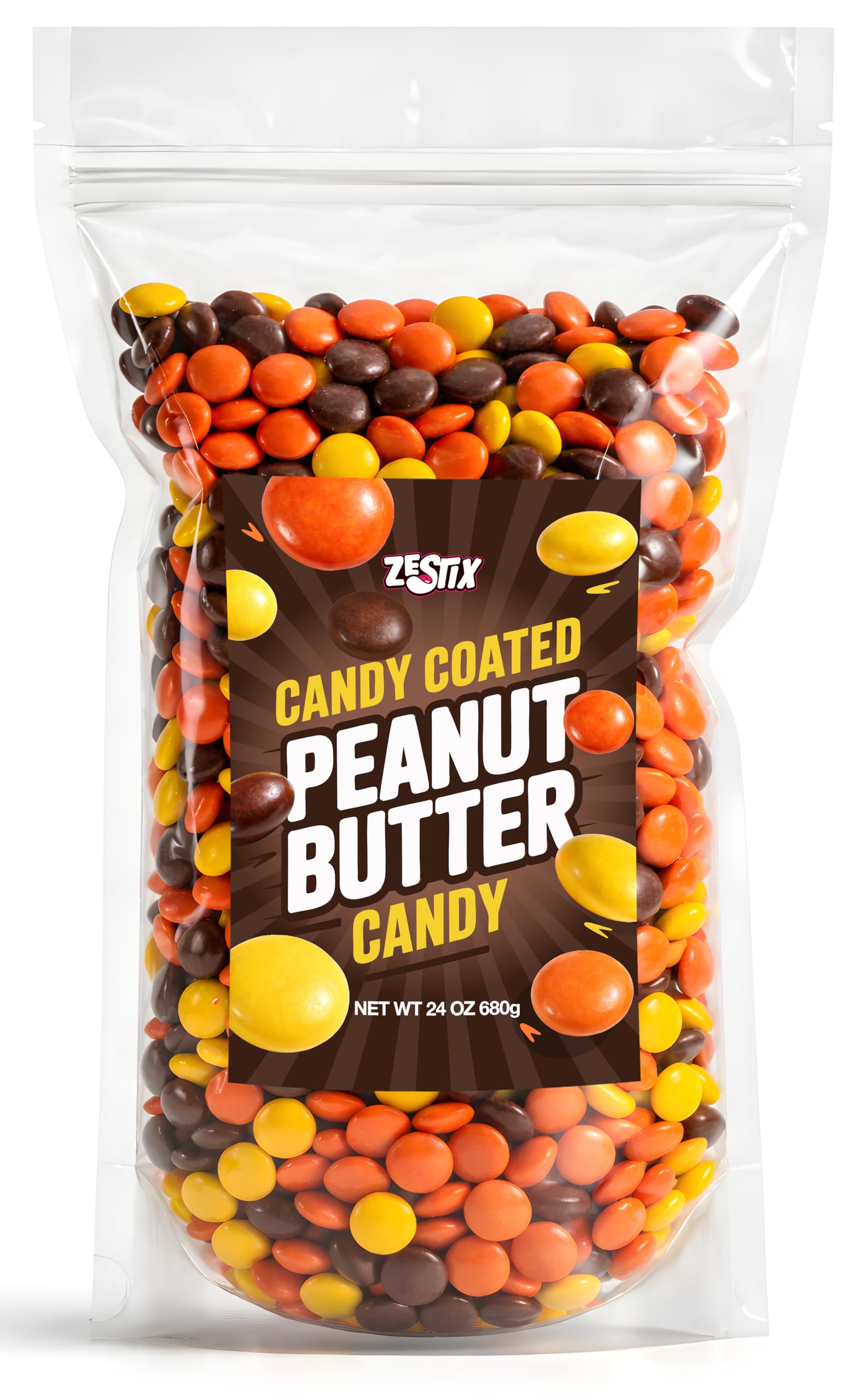 Candy Coated Peanut Butter Chocolate Bites 24oz Bulk Bag, Peanut Butter Center with Crisp Shell, Orange Yellow Brown Candy Pieces for Party Favors