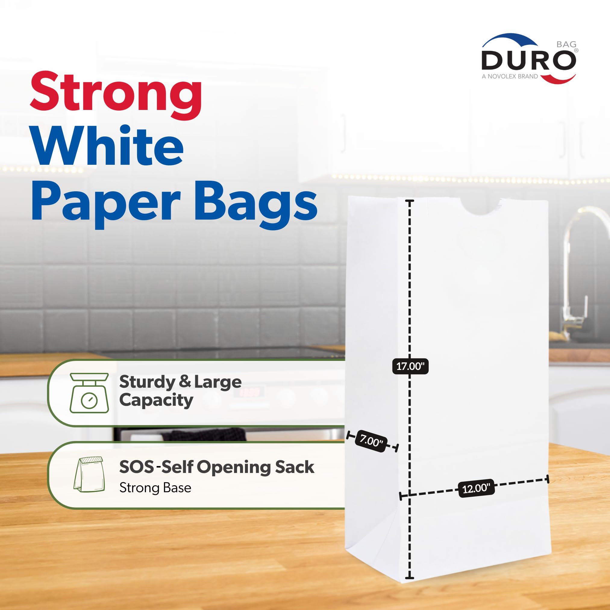 Duro 8# White Paper Bags 100 Count - Bulk White Paper Lunch Bags for Deli, Restaurant Takeout, Grocery & Luminary Disposable SOS Lunch Sacks - 6.12 x