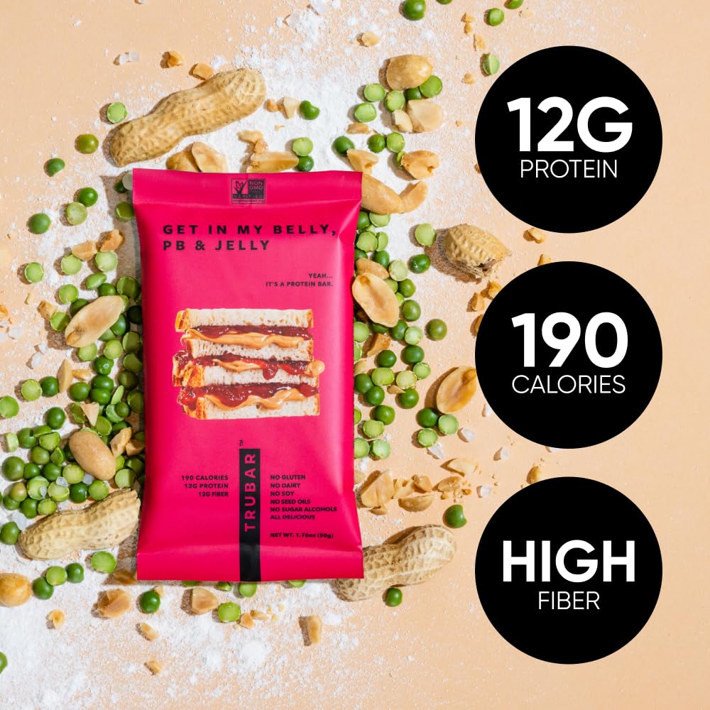 TRUBAR Vegan Protein Bar, Get In My Belly Pb & Jelly, Gluten Free, Plant Based, High Fiber, Dairy Free, Low Fat, Non GMO, No Sugar Alcohols, 12G Lean